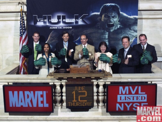 Marvel takes over Wall Street! (Left to right: Lehman, Garcia, NYSE Executive, West, Quesada and Galluzzi)