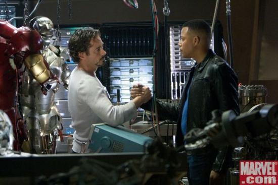Tony Stark and James Rhodes in Stark's Workshop