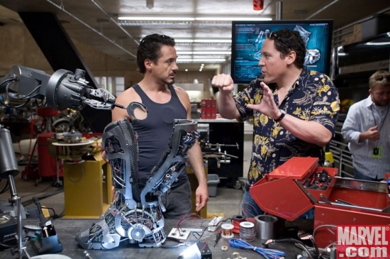 Robert Downey Jr. and Jon Favreau on the set of the Iron Man movie
