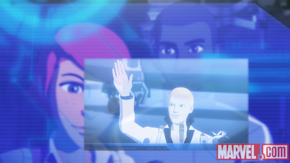 Pepper and Rhodey watch Justin Hammer in Iron Man: Armored Adventures