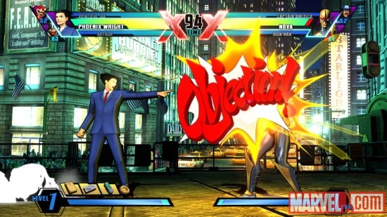 Screenshot of Nova vs. Phoenix Wright in Ultimate Marvel vs. Capcom 3