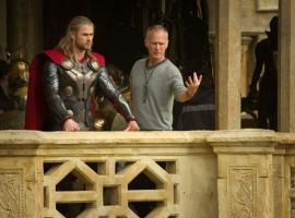 Star Chris Hemsworth and director Alan Taylor on the set of Thor: The Dark World