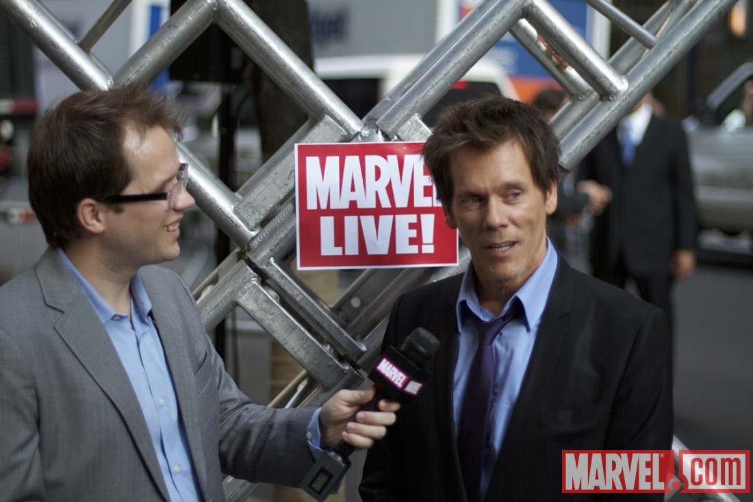 Kevin Bacon (Sebastian Shaw) and Marvel Comics Senior Editor Nick Lowe at the 'X-Men: First Class' red carpet event in NYC
