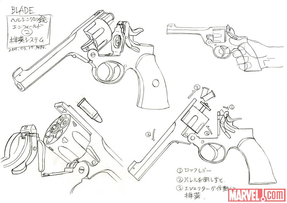 Pencil art of Van Helsing's gun from the Blade anime