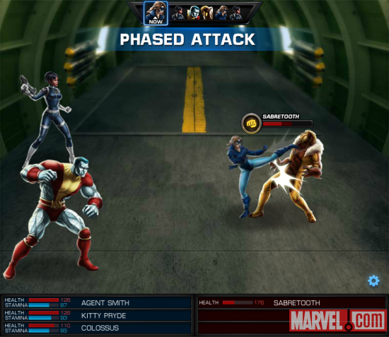 Kitty Pryde and Colossus vs. Sabretooth screen shot from Marvel: Avengers Alliance