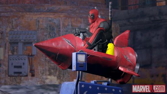 Deadpool goes for a ride in the Deadpool video game