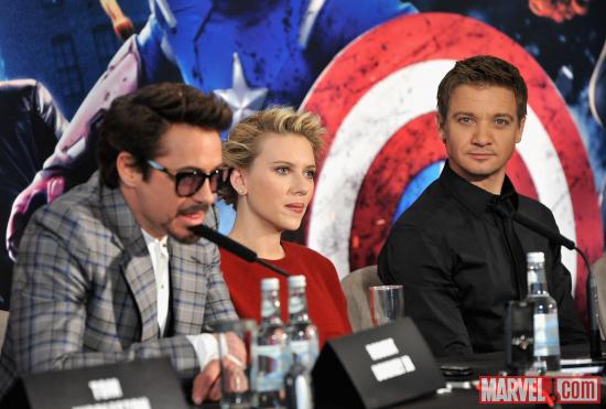 Robert Downey, Jr., Scarlett Johnansson and Jeremy Renner at the London premiere press conference of "Marvel's The Avengers"