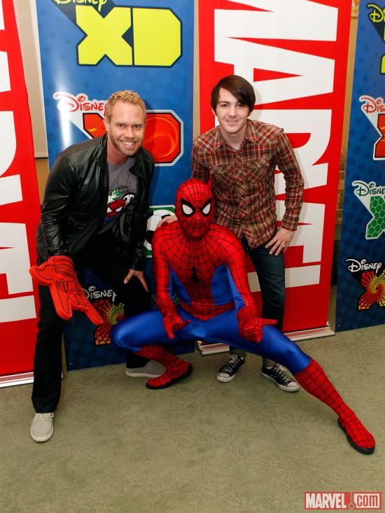 Ultimate Spider-Man Supervising Producer Cort Lane and star Drake Bell pose with Spidey