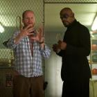 Director Joss Whedon and Samuel L. Jackson (Nick Fury) behind the scenes of "Marvel's the Avengers"
