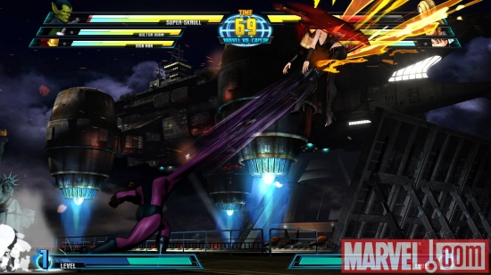 Screenshot of Super Skrull and Trish from ''Marvel vs. Capcom 3''