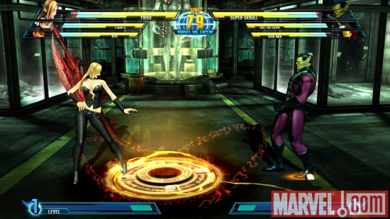 Screenshot of Super Skrull and Trish from ''Marvel vs. Capcom 3''