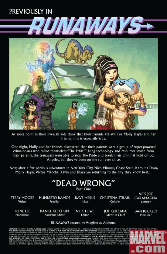 RUNAWAYS #1, recap page