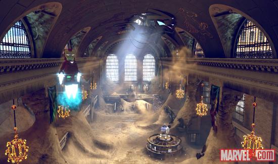 Iron Man flies through a Sandman-covered Grand Central in LEGO Marvel Super Heroes