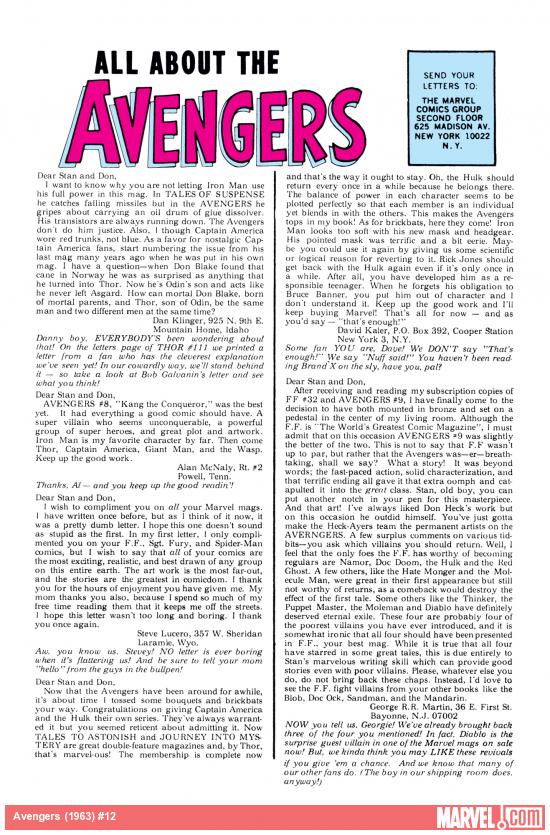 Avengers (1963) #12 letters page