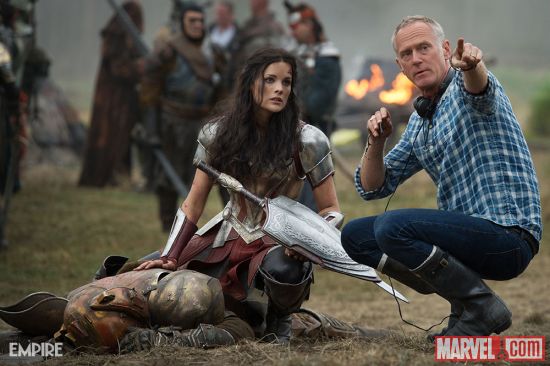 Star Jaimie Alexander (Sif) and director Alan Taylor on the set of Marvel's Thor: The Dark World