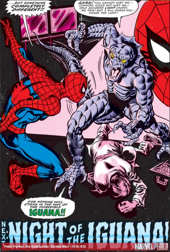 The Iguana's first appearance in Peter Parker, the Spectacular Spider-Man #32