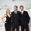 Scarlett Johansson, Chris Hemsworth and Tom Hiddleston on the red carpet of the Moscow premiere of Marvel's The Avengers