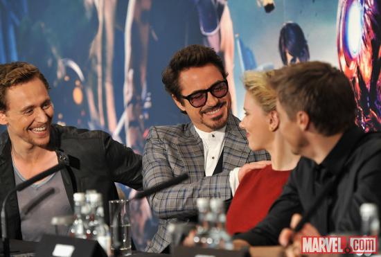 Tom Hiddleston, Robert Downey, Jr., Scarlett Johannson, Jeremy Renner at the London press conference for "Marvel's The Avengers"