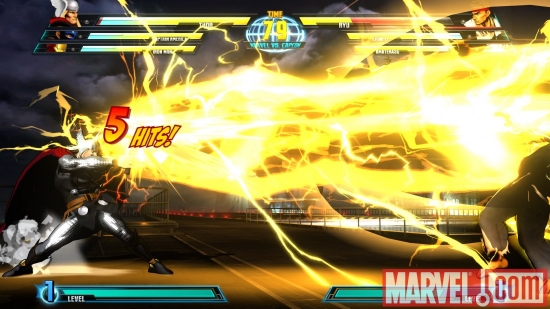 Screenshot of Thor and Ryu from ''Marvel vs. Capcom 3''