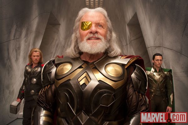 Tom Hiddleston as Loki with Anthony Hopkins and Chris Hemsworth in Thor