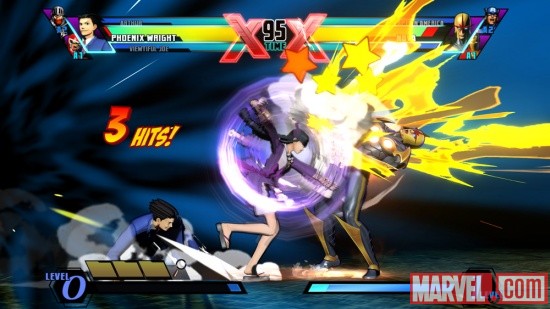 Screenshot of Nova vs. Phoenix Wright in Ultimate Marvel vs. Capcom 3