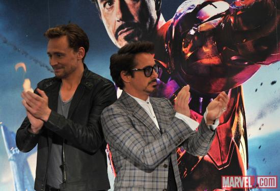 Robert Downey, Jr. and Tom Hiddleston at the London press conference for "Marvel's The Avengers"