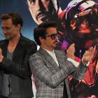 Robert Downey, Jr. and Tom Hiddleston at the London press conference for "Marvel's The Avengers"