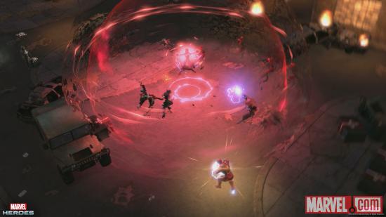 Screenshot of Iron Man and Scarlet Witch in action in Marvel Heroes