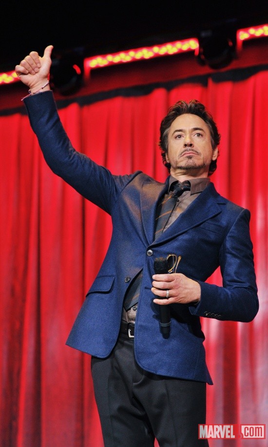 Robert Downey Jr. on stage at the 2011 Disney D23 Expo, for The Avengers