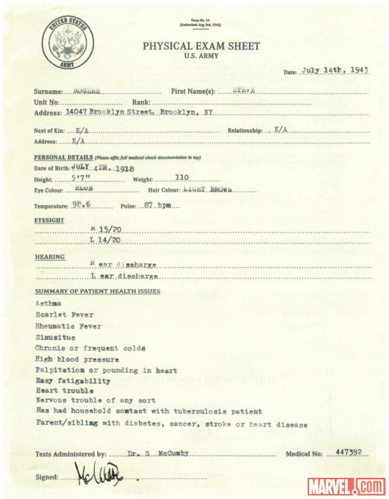 Steve Rogers' physical exam sheet from Captain America: The First Avenger