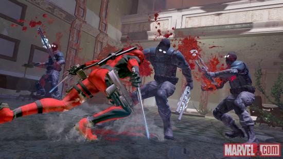 Deadpool slices several opponents in the Deadpool video game