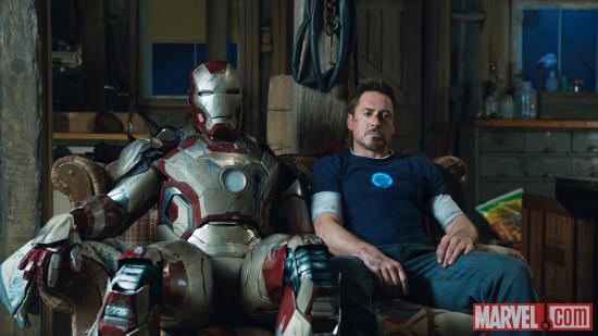 Tony Stark (Robery Downey, Jr.) and the damaged Mark 42 from Marvel's Iron Man 3