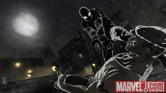 A screenshot of Spider-Man Noir from Spider-Man: Shattered Dimensions