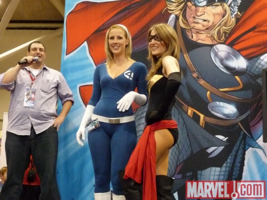 Mike Pasciullo and Invisible Woman and Ms. Marvel cosplayers at Marvel's Fan Expo Canada Costume Contest