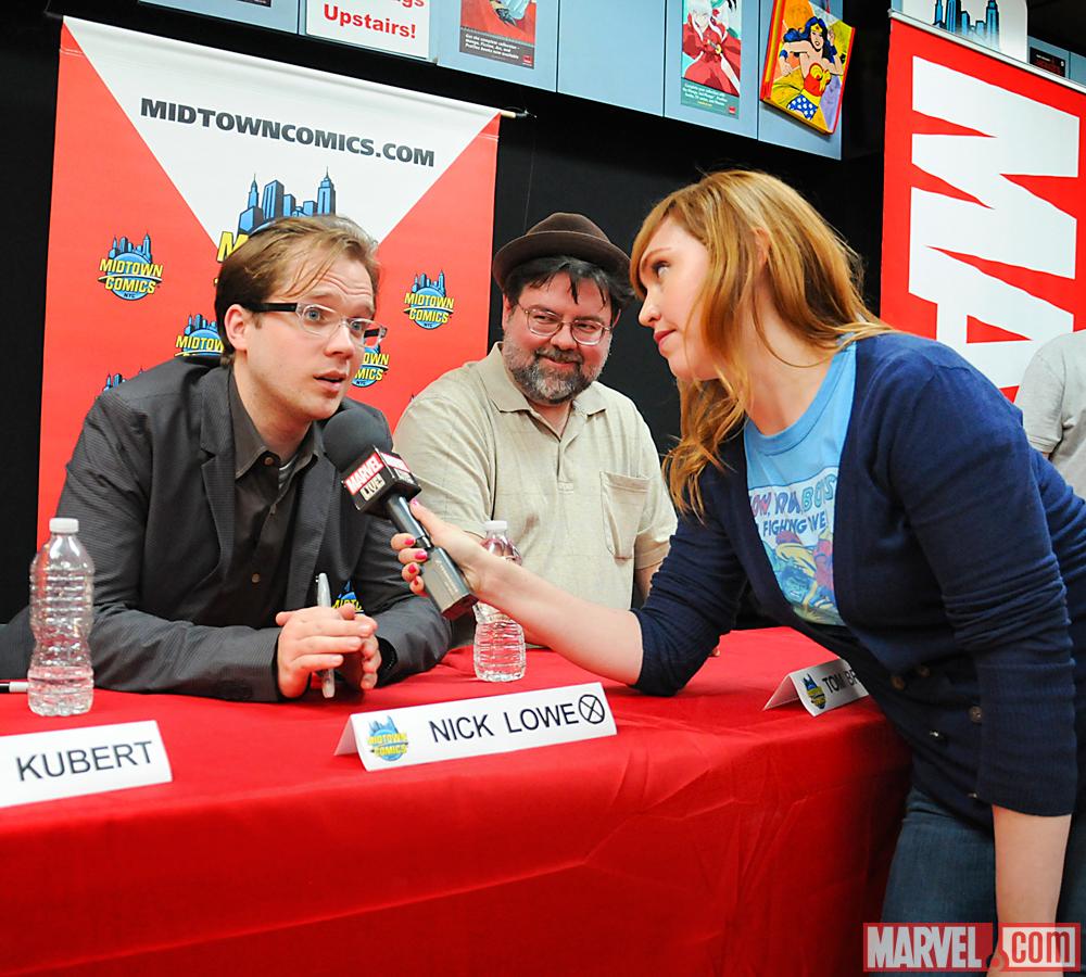 The Watcher's Lorraine Cink and Nick Lowe at Avengers Vs X-Men Release Party at Midtown Comics