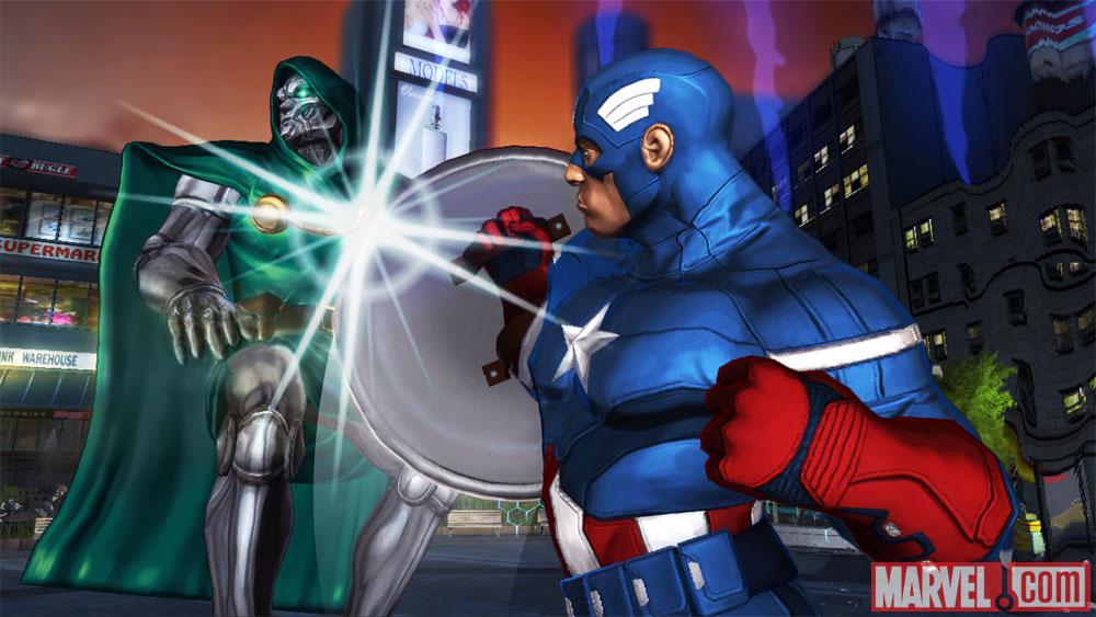 Screenshot of Dr. Doom and Captain America from Marvel Avengers: Battle for Earth