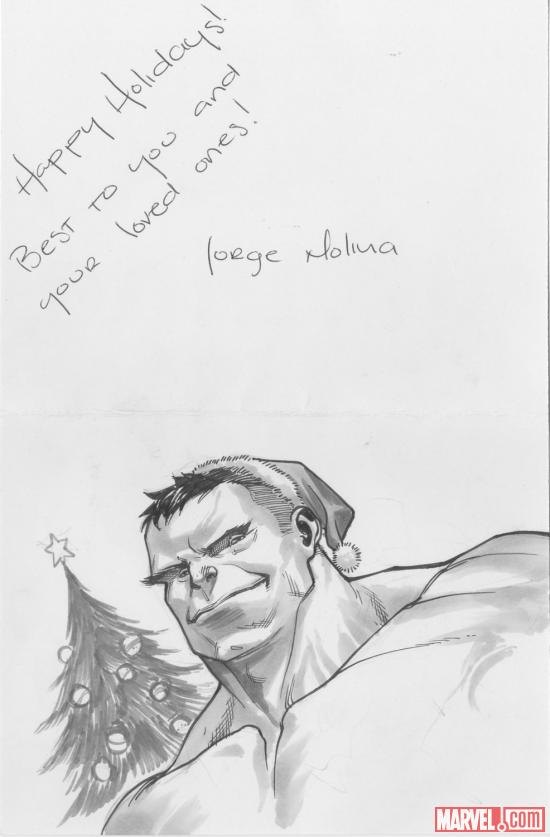 2012 Happy Holidays sketch card from Jorge Molina, featuring Hulk