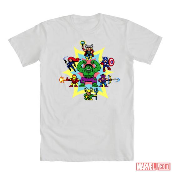  "The 8-Bit Avengers" by Drew Wise shirt design for Mighty Fine 