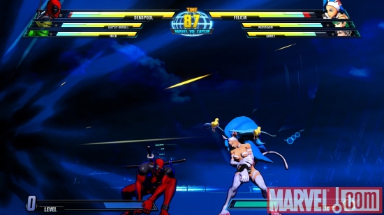 Screenshot of Deadpool and Felicia from ''Marvel vs. Capcom 3''