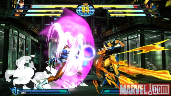 Screenshot of Wolverine and Chun-Li from ''Marvel vs. Capcom 3''