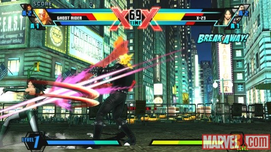 Ghost Rider and X-23 in Ultimate Marvel vs. Capcom 3 for the PlayStation Vita