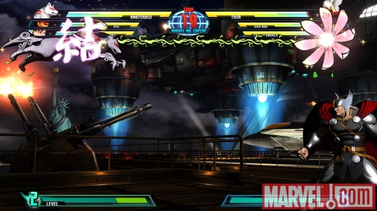 Screenshot of Thor and Amaterasu  from ''Marvel vs. Capcom 3''
