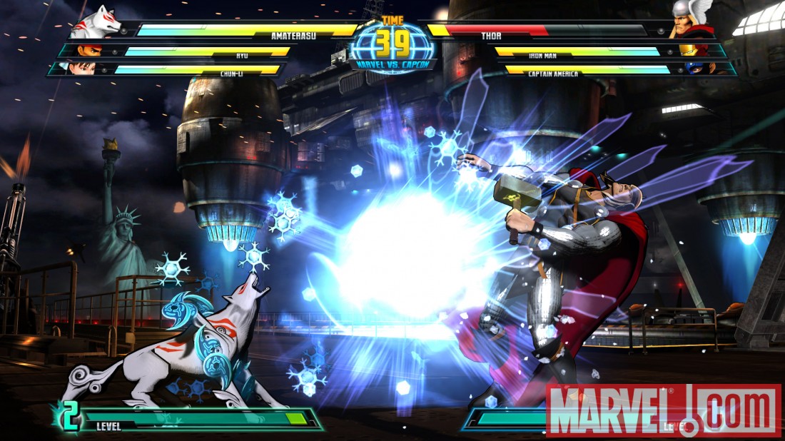 Screenshot of Thor and Amaterasu  from ''Marvel vs. Capcom 3''