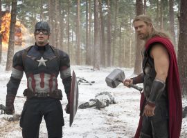 Captain America (Chris Evans) and Thor (Chris Hemsworth) on the battlefield in Marvel's Avengers: Age of Ultron