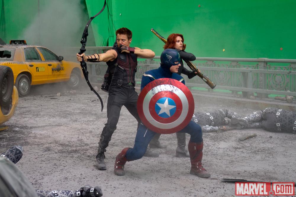 Chris Evans (Captain America), Scarlett Johansson (Black Widow) and Jeremy Renner (Hawkeye) on the set of Marvel's The Avengers