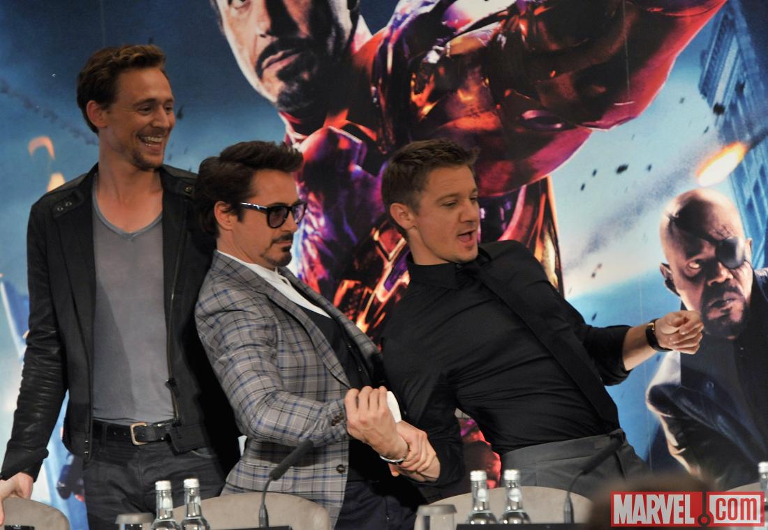 Tom Hiddleston, Robert Downey, Jr., and Jeremy Renner at the London press conference for "Marvel's The Avengers"