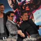 Tom Hiddleston, Robert Downey, Jr., and Jeremy Renner at the London press conference for "Marvel's The Avengers"
