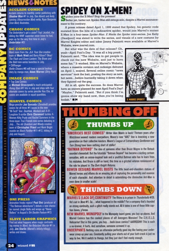 WIZARD 95<br>interior with story<br>about Marvel.com<br>prank