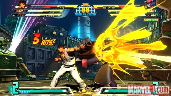 Screenshot of Ryu vs. Hsien-Ko in Shadow Mode in Marvel vs. Capcom 3