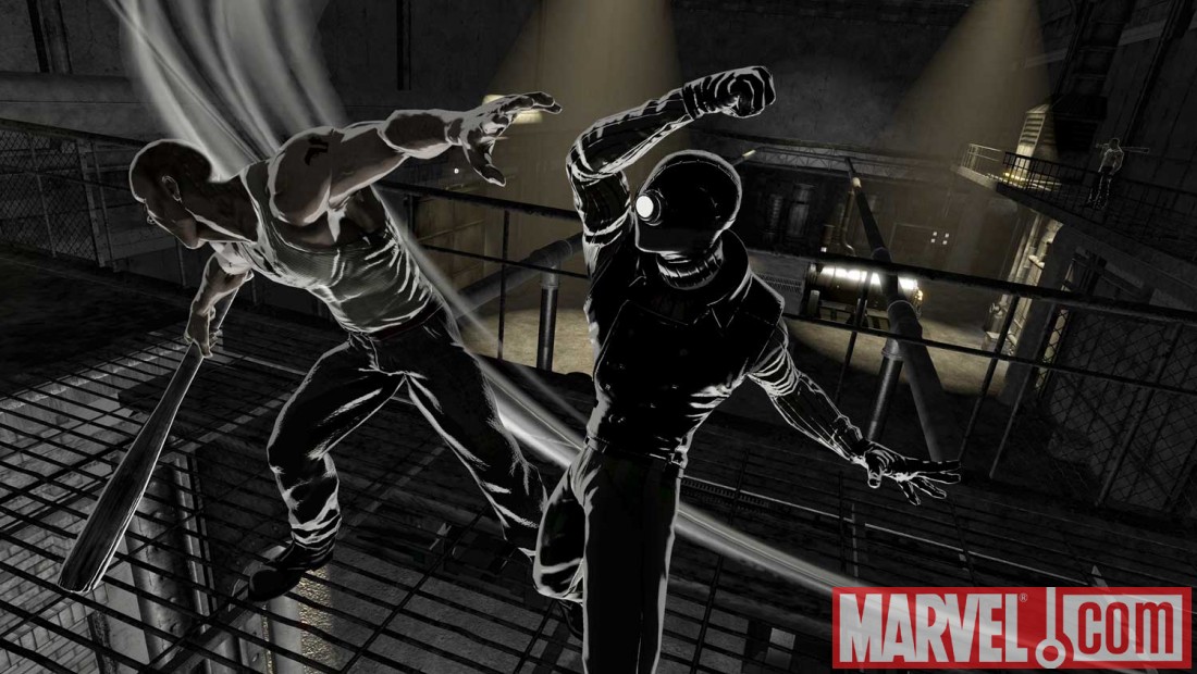 A screenshot of Spider-Man Noir from Spider-Man: Shattered Dimensions